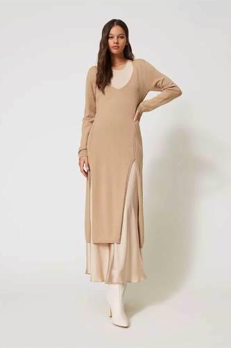 Twinset γυναικείο σετ ρούχων με maxi φόρεμα και μακρύ πουλόβερ μονόχρωμα (2 τεμάχια) - 232TP3210 Καφέ Ανοιχτό M